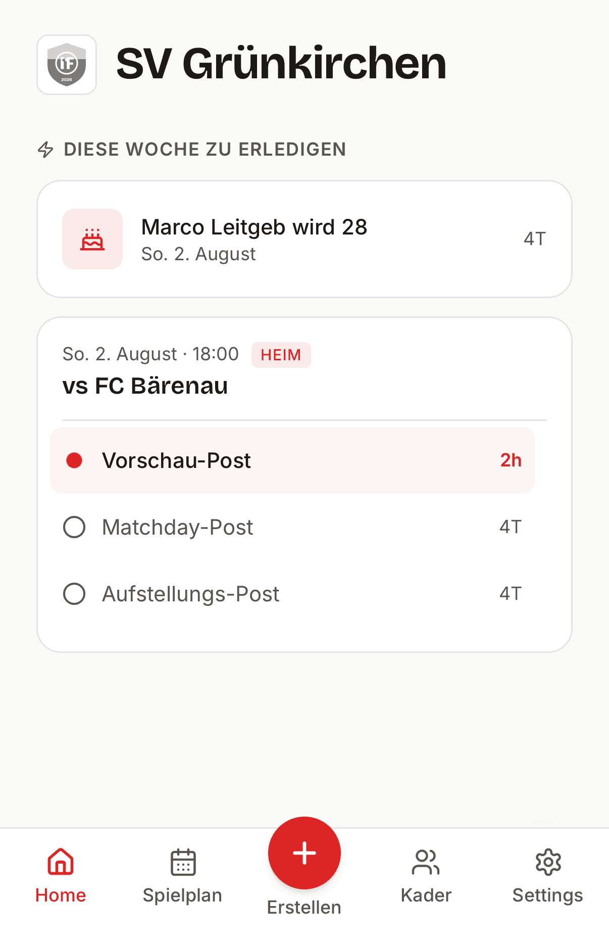 Startseite der App mit den Aufgaben der Woche, markiert ist der Vorschau-Post